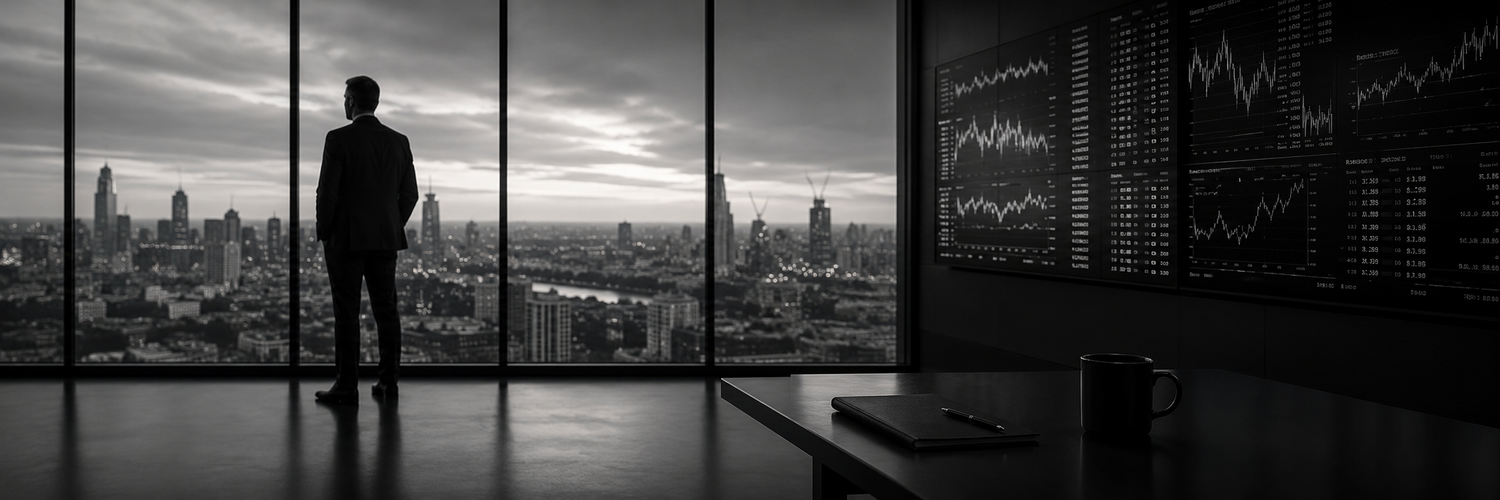 A man in a suit stands in silhouette by large floor-to-ceiling windows, overlooking a city skyline. The room is dark and moody, with a desk in the foreground and a wall of financial charts and graphs on the right.